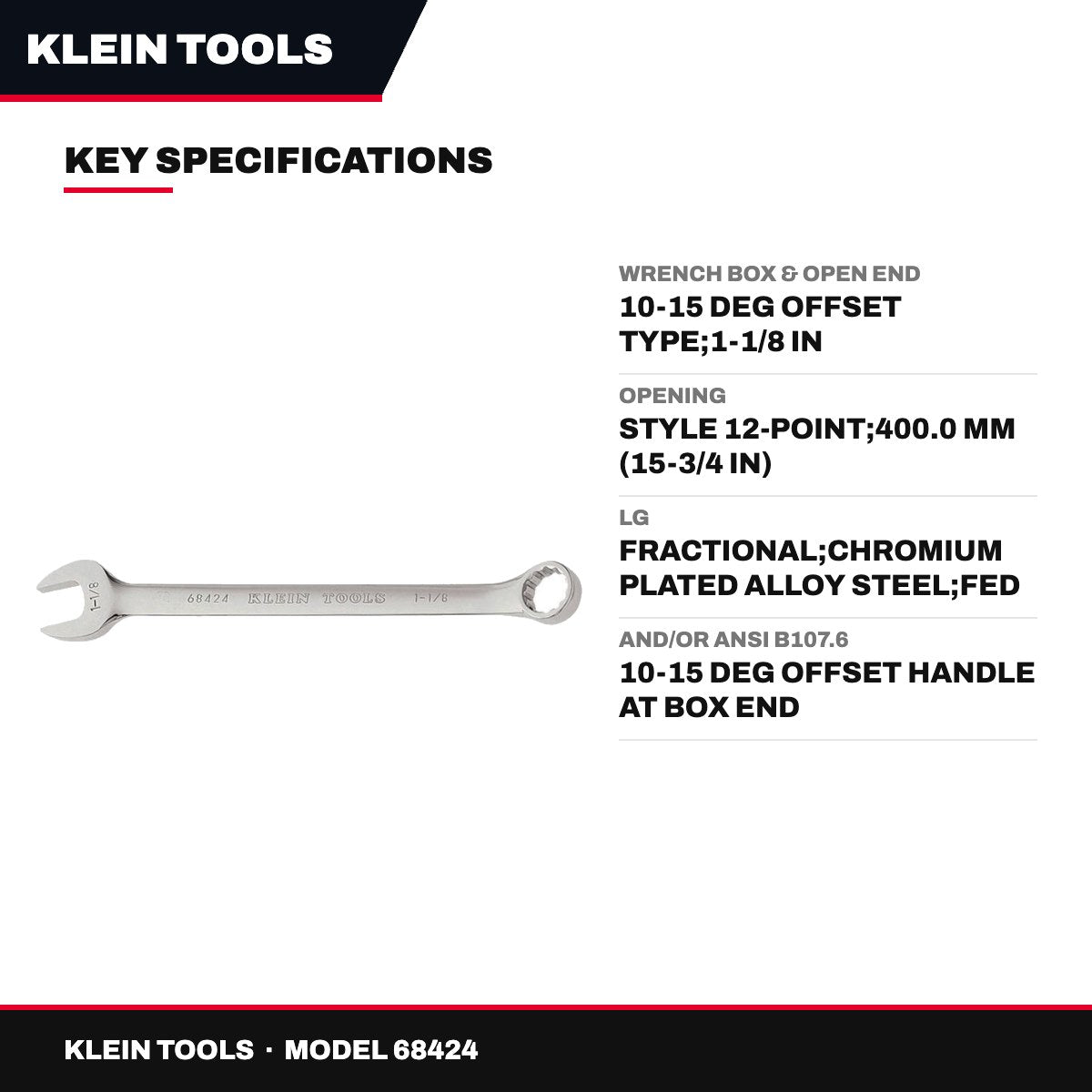 Klein Tools 68424 – Wrench Box & Open End – 10-15 Deg Offset Type, 1-1/8 In