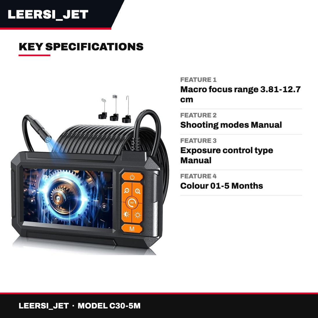 leersi_jet C30-5M – Endoscope Camera With Light – Borescope Camera With 4.3 Ips Screen, 1080P Hd With 8 Led Lights