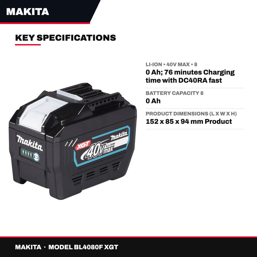 Makita BL4080F XGT – Li-Ion • 40V Max • 8 – 0 Ah