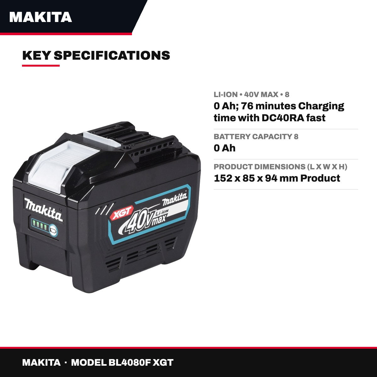 Makita BL4080F XGT – Li-Ion • 40V Max • 8 – 0 Ah