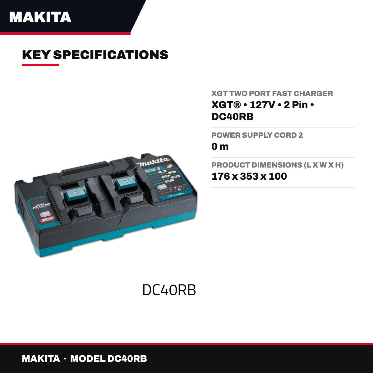 Makita DC40RB – Xgt Two Port Fast Charger – Xgt® • 127V • 2 Pin • Dc40Rb