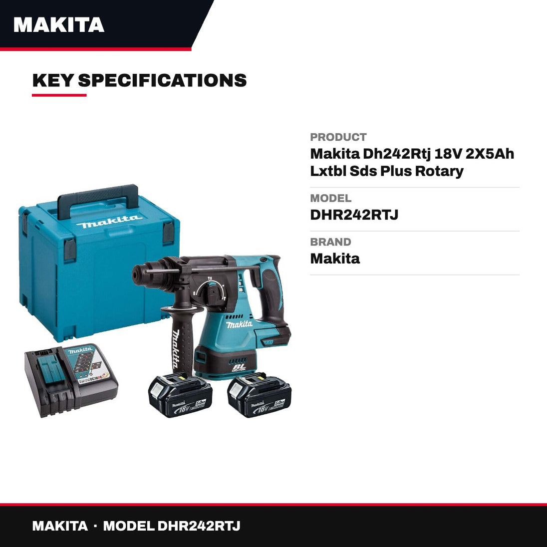 Makita DHR242RTJ – Makita Dh242Rtj 18V 2X5Ah Lxtbl Sds Plus Rotary Hammer Drill Kit