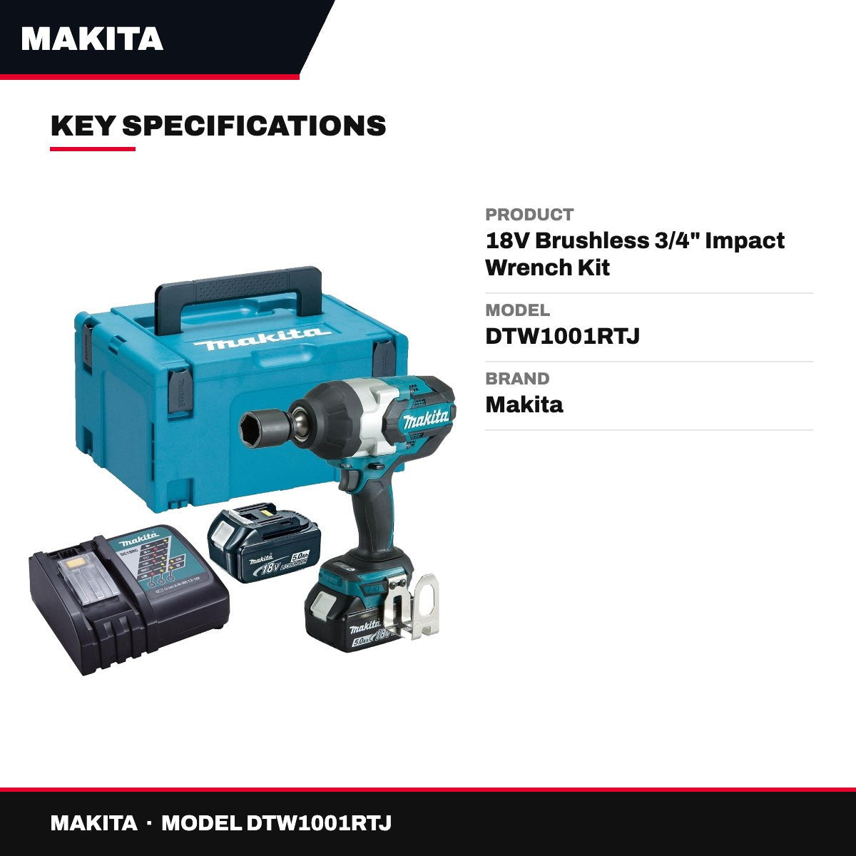 Makita DTW1001RTJ – 18V Brushless 3/4" Impact Wrench Kit