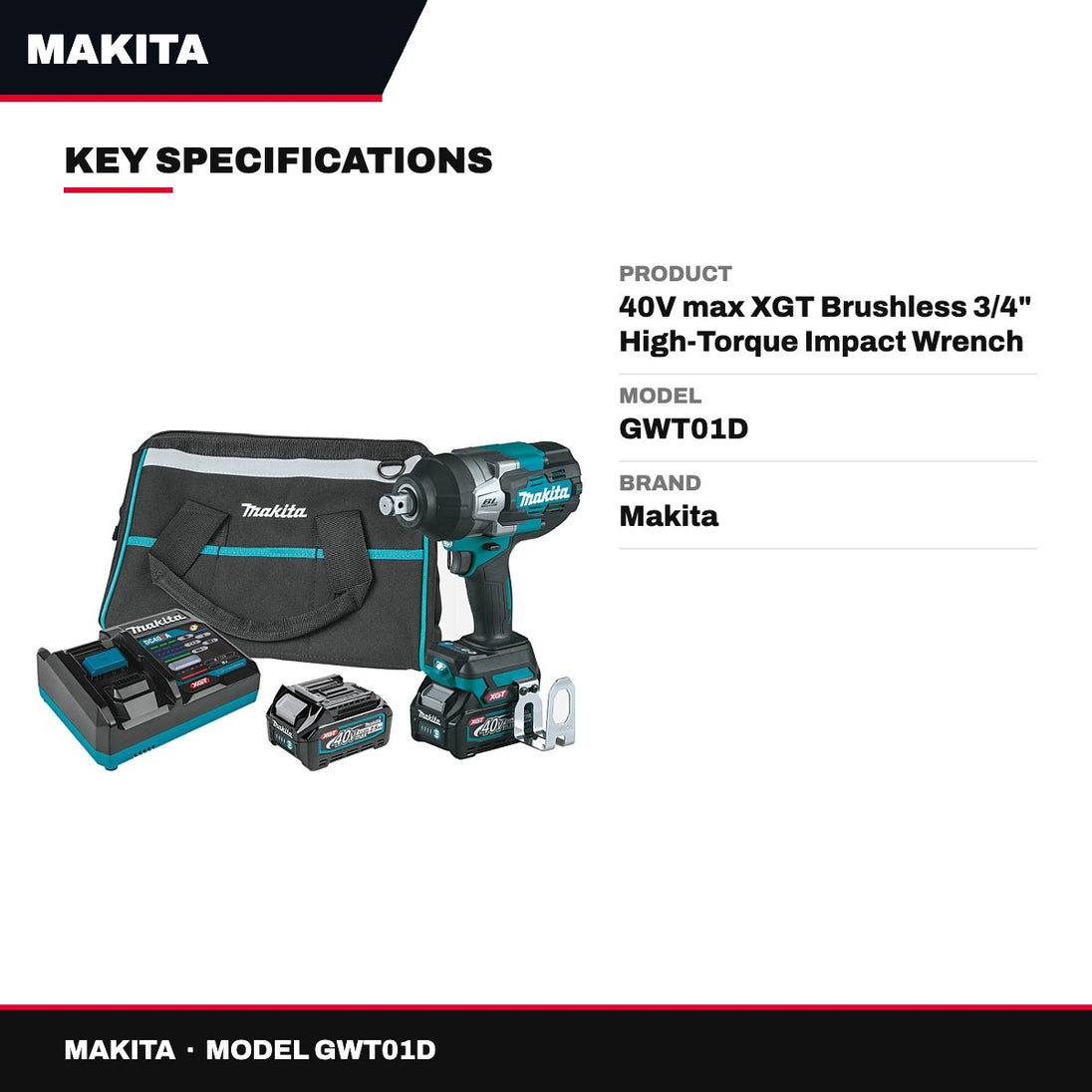 Makita GWT01D – 40V max XGT Brushless 3/4" High-Torque Impact Wrench Kit