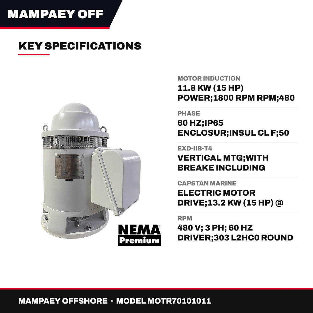 Mampaey Offshore MOTR70101011 – Motor Induction – 11.8 Kw (15 Hp) Power, 1800 Rpm Rpm