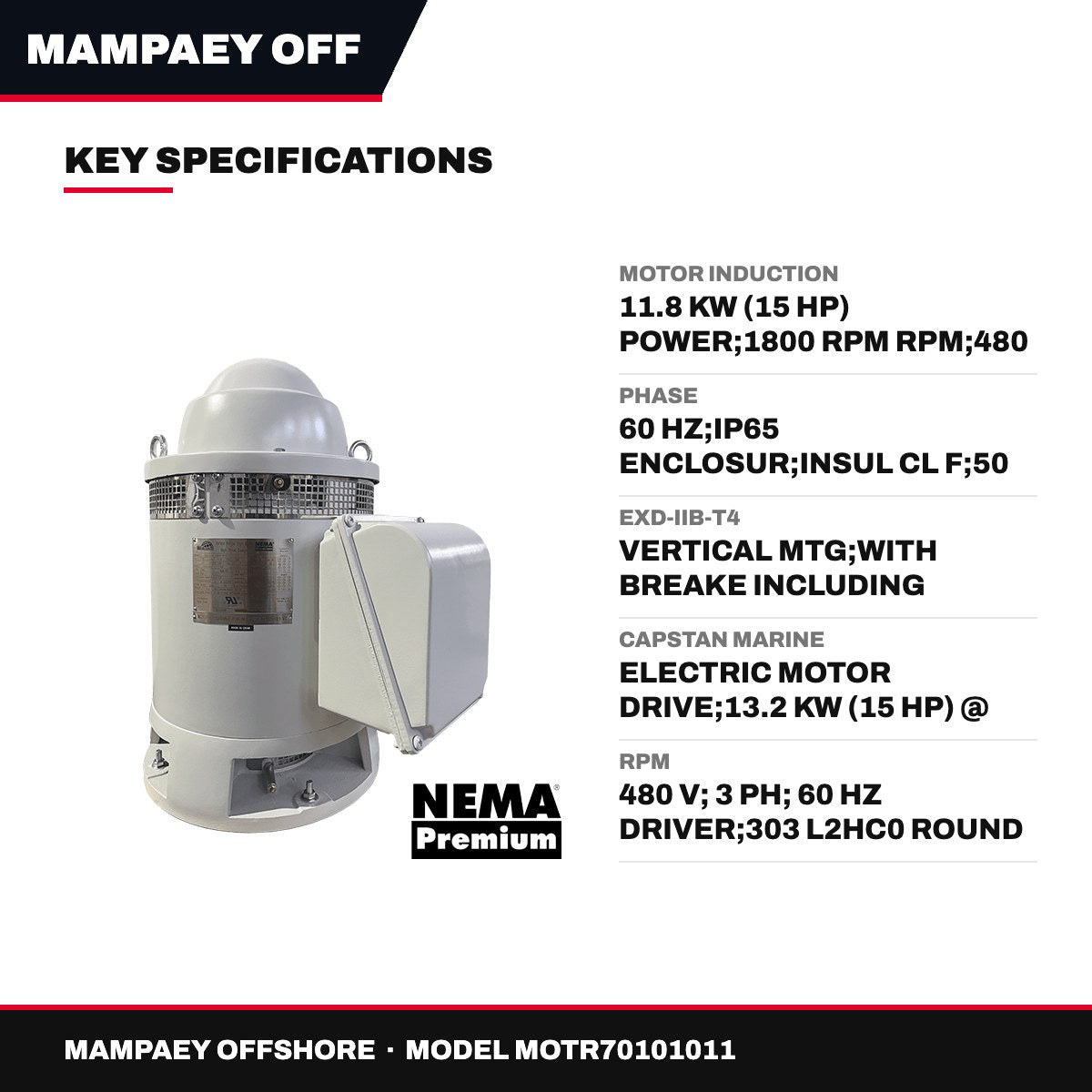 Mampaey Offshore MOTR70101011 – Motor Induction – 11.8 Kw (15 Hp) Power, 1800 Rpm Rpm