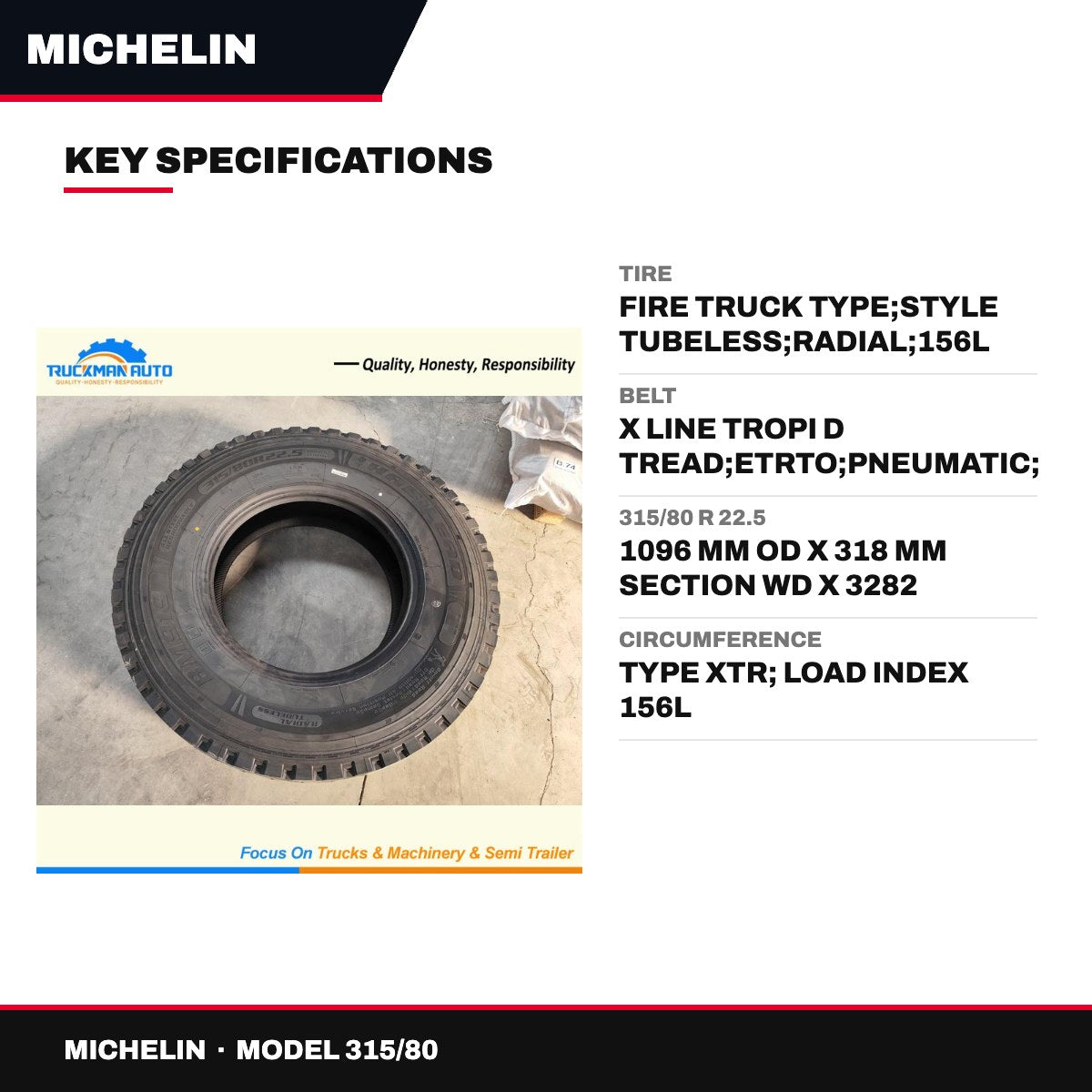 Michelin 315/80 – Tire – Fire Truck Type, Style Tubeless