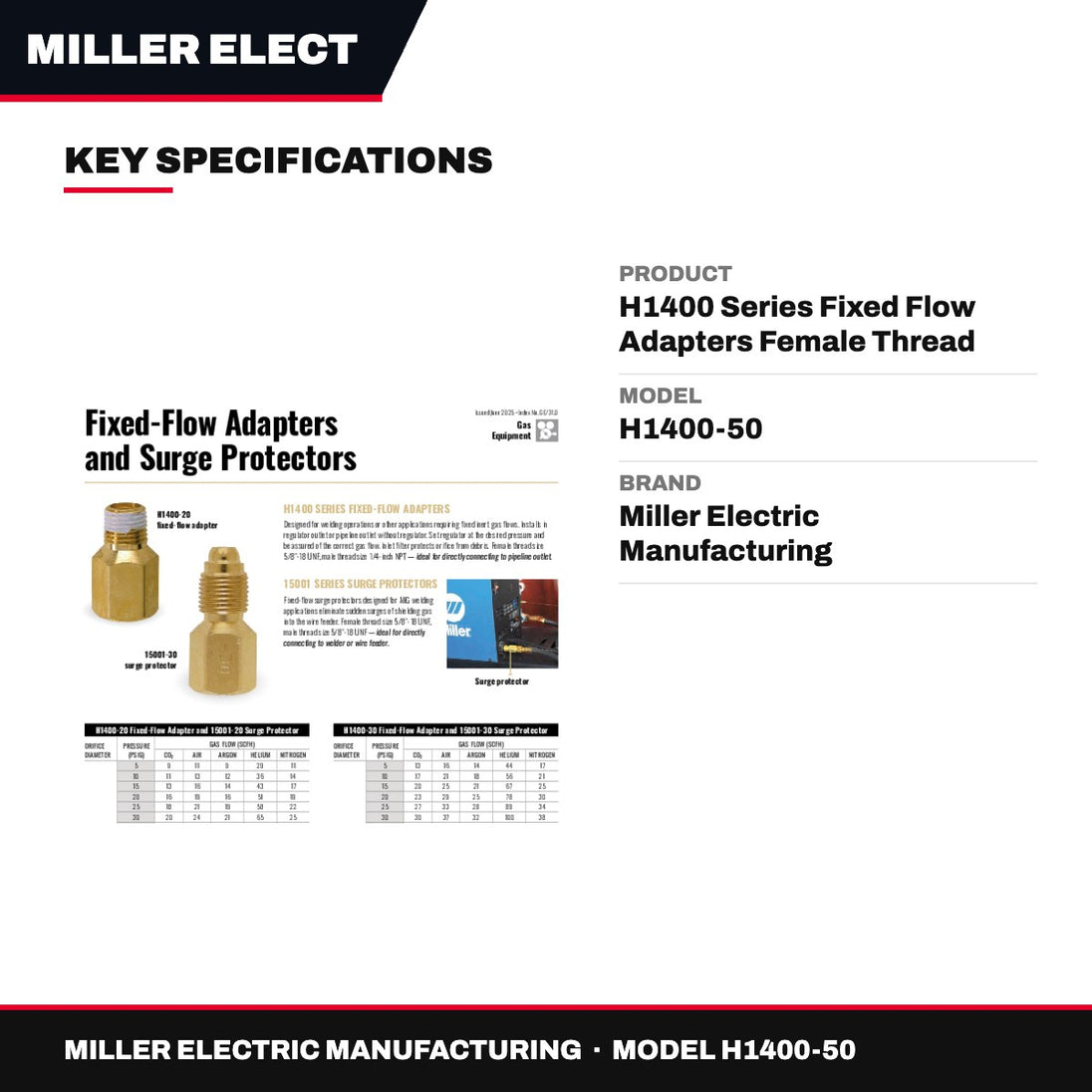 Miller Electric Manufacturing H1400-50 – H1400 Series Fixed Flow Adapters Female Thread Size 5/8-18 Unf Male Thread Size 1/4-Inch Npt.H1400-50 And 0.04