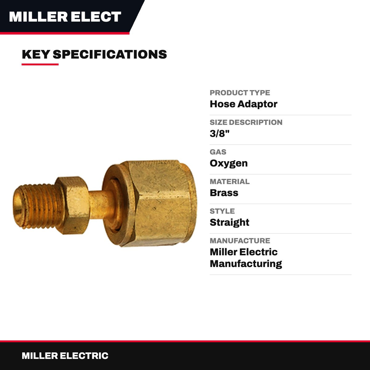 Miller Electric Oxygen Hose Adaptor B to A, Brass