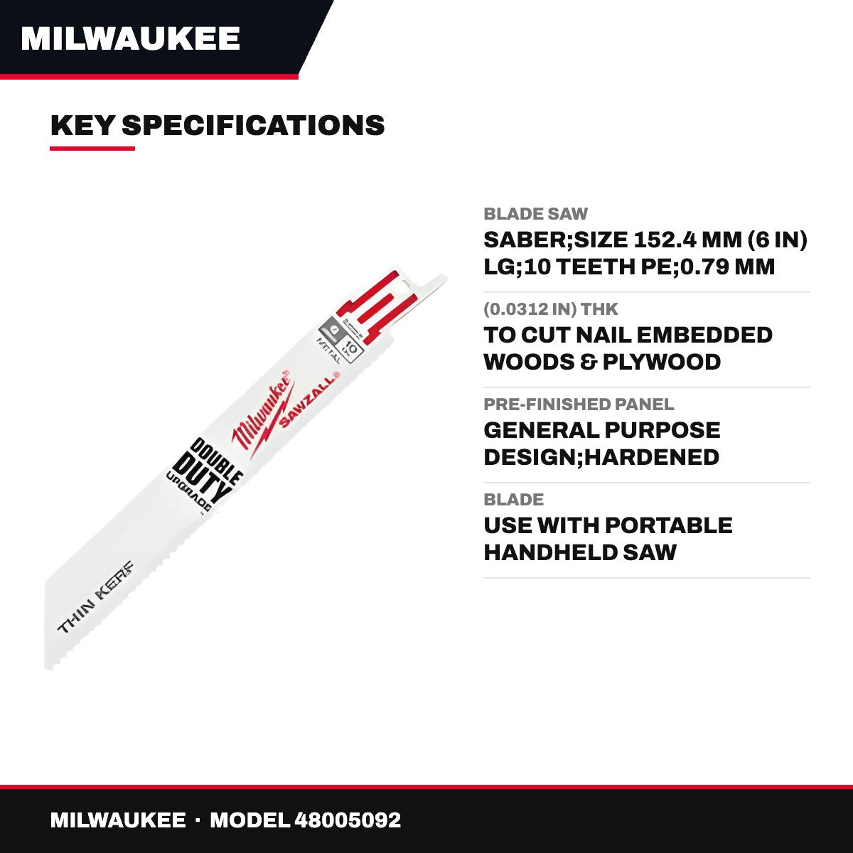 Milwaukee 48005092 – Blade Saw – Saber, Size 152.4 Mm (6 In) Lg
