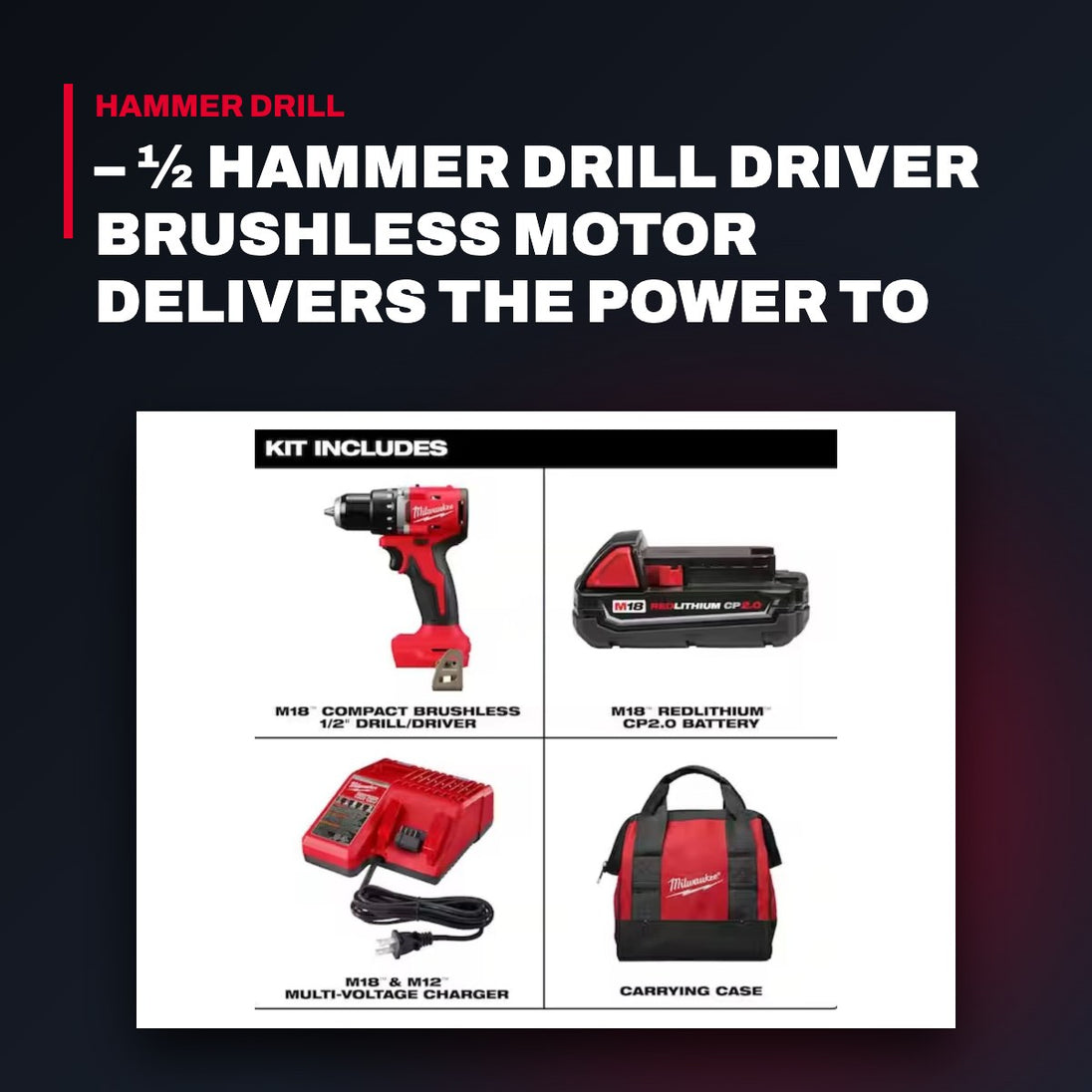 Milwaukee – ½ Hammer Drill Driver Brushless Motor Delivers The Power To Complete The Widest Range Of Applications Of Any H