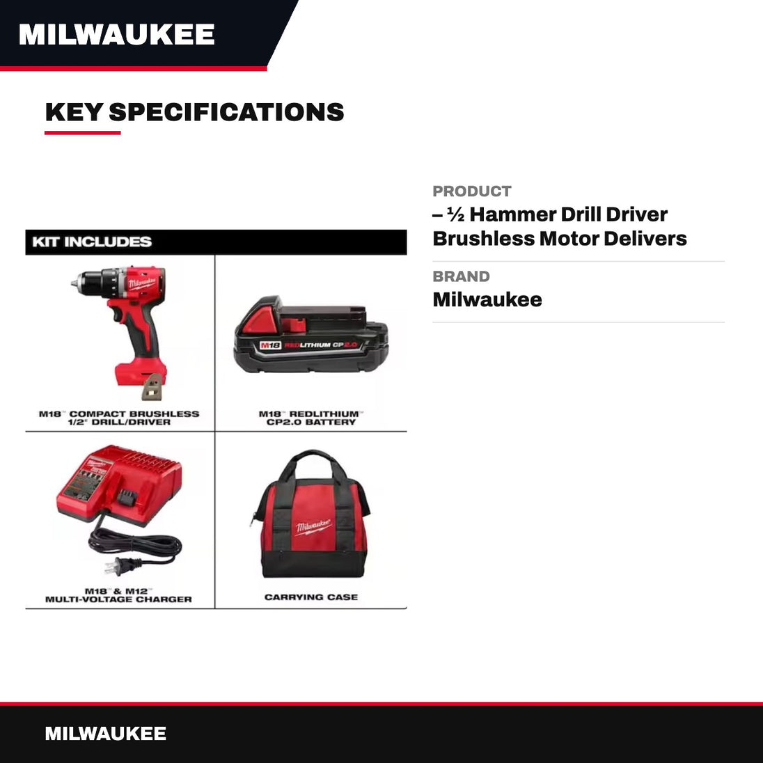 Milwaukee – ½ Hammer Drill Driver Brushless Motor Delivers The Power To Complete The Widest Range Of Applications Of Any H