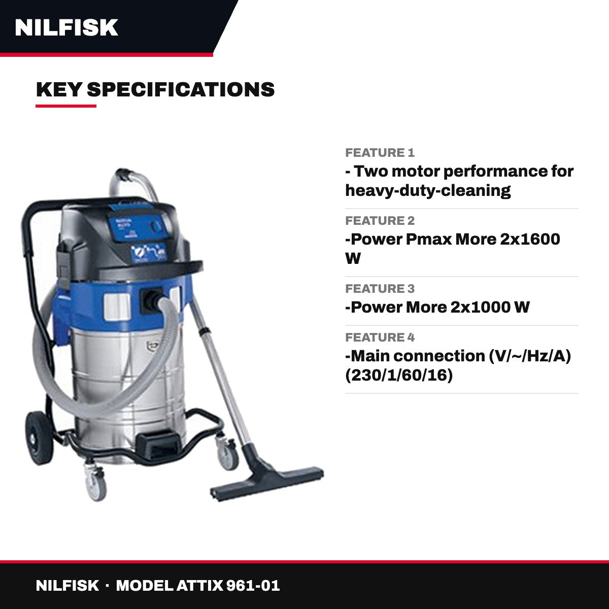Nilfisk ATTIX 961-01 – Heavy Duty Wet & Dry Industrial Vacuum Cleaner, Twin Motor