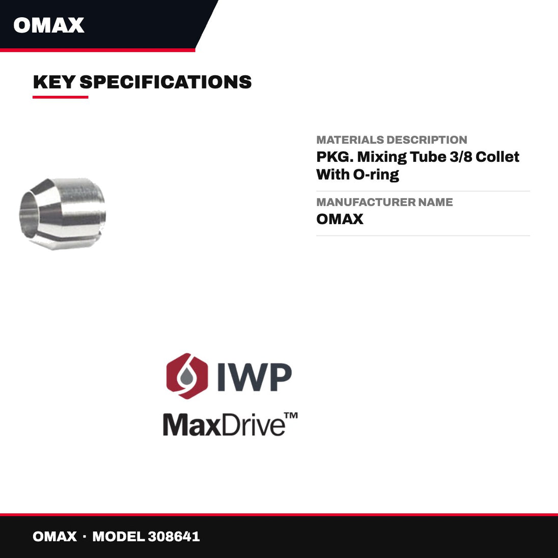 Omax 308641 – Materials Description – Pkg. Mixing Tube 3/8 Collet With O-Ring