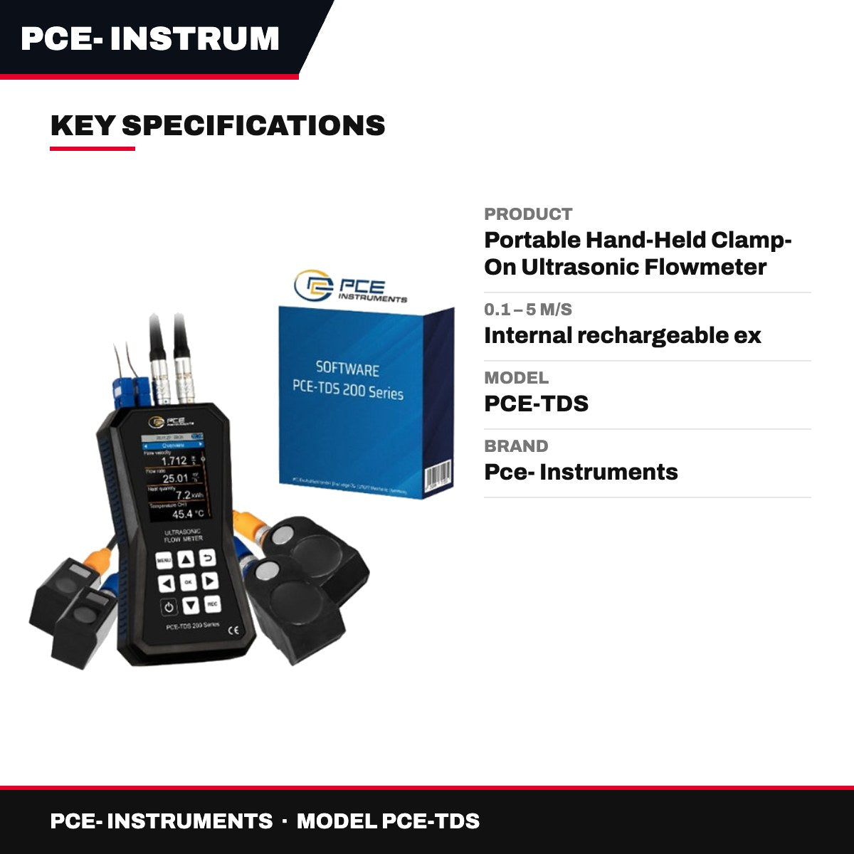 Pce- Instruments PCE-TDS – Portable Hand-Held Clamp- On Ultrasonic Flowmeter With Transducer. Tool – Liquid Velocity Measurement, Measuri