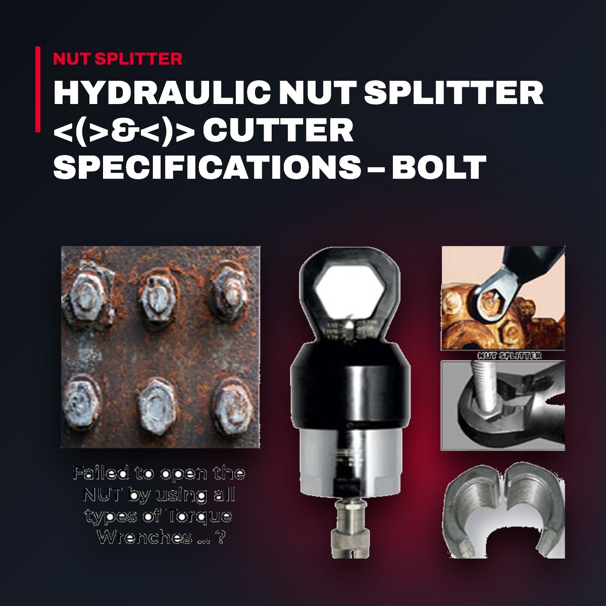 Powermaster NS-012AH – Hydraulic Nut Splitter <(>&<)> Cutter Specifications – Bolt Size Range Up To 10