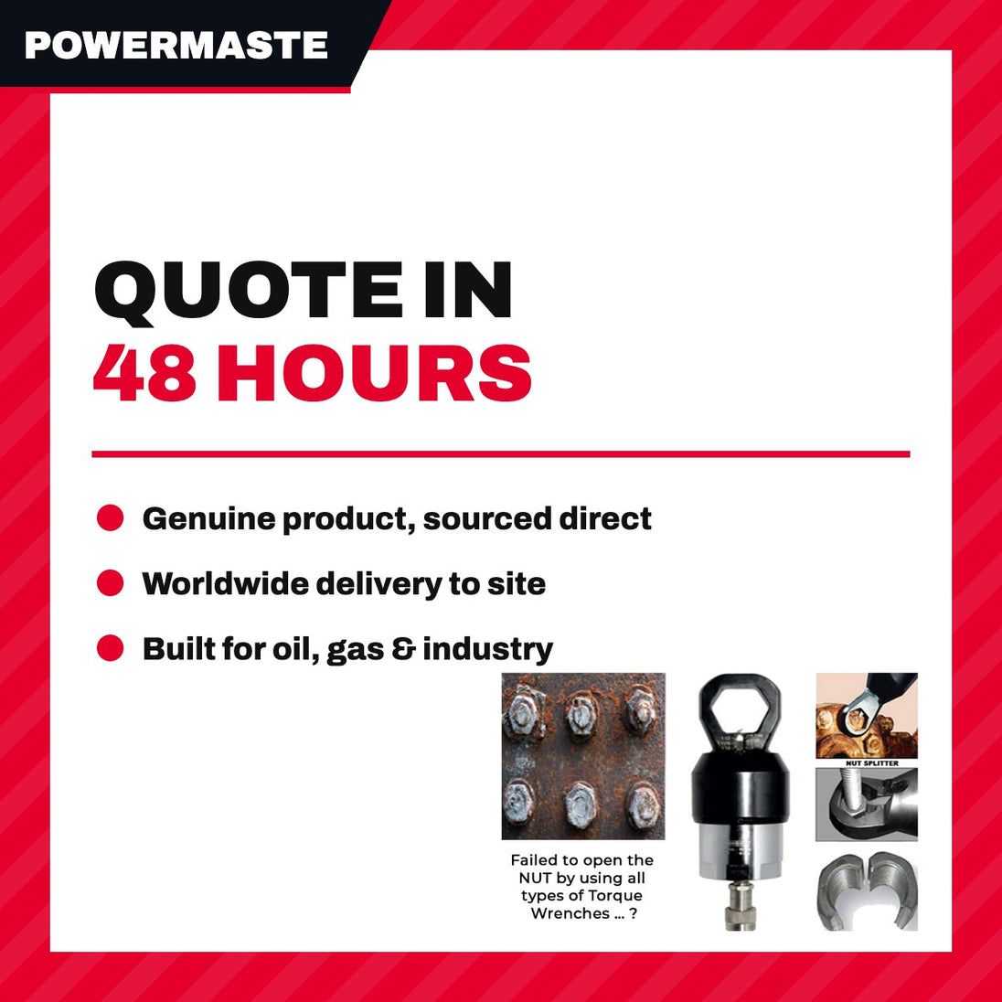 Powermaster NS-012AH – Hydraulic Nut Splitter <(>&<)> Cutter Specifications – Bolt Size Range Up To 10