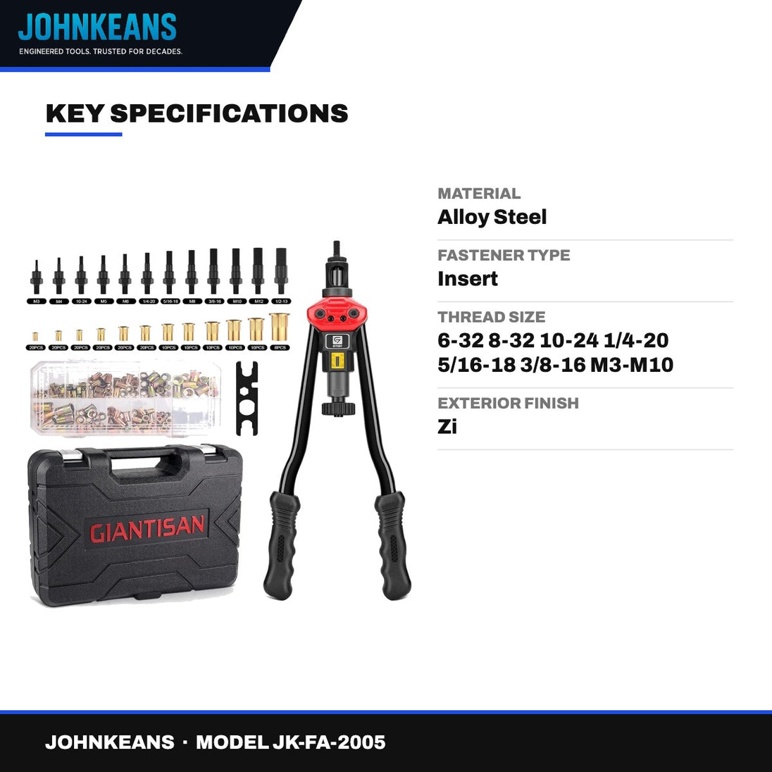 Johnkeans JK-FA-2005 – Manual Rivet Nut Gun Kit, Metric & SAE Mandrels