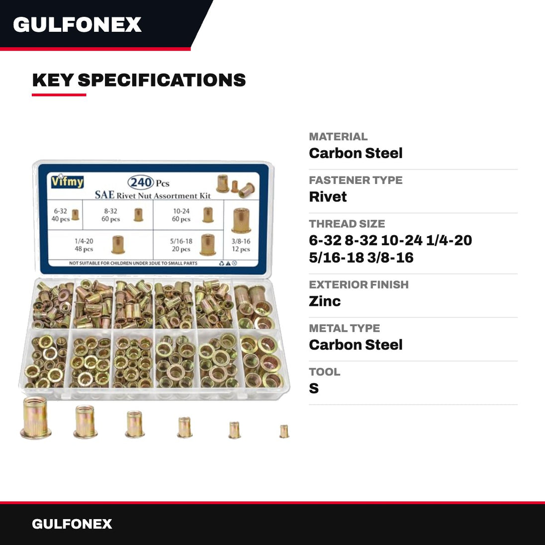 Sae Rivet Nut Assortment Kit(240Pcs) – Zinc Plated Finish