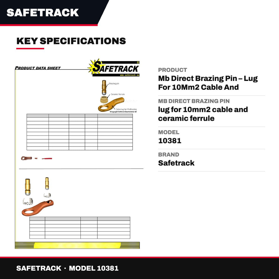 Safetrack 10381 – Mb Direct Brazing Pin – Lug For 10Mm2 Cable And Ceramic Ferrule