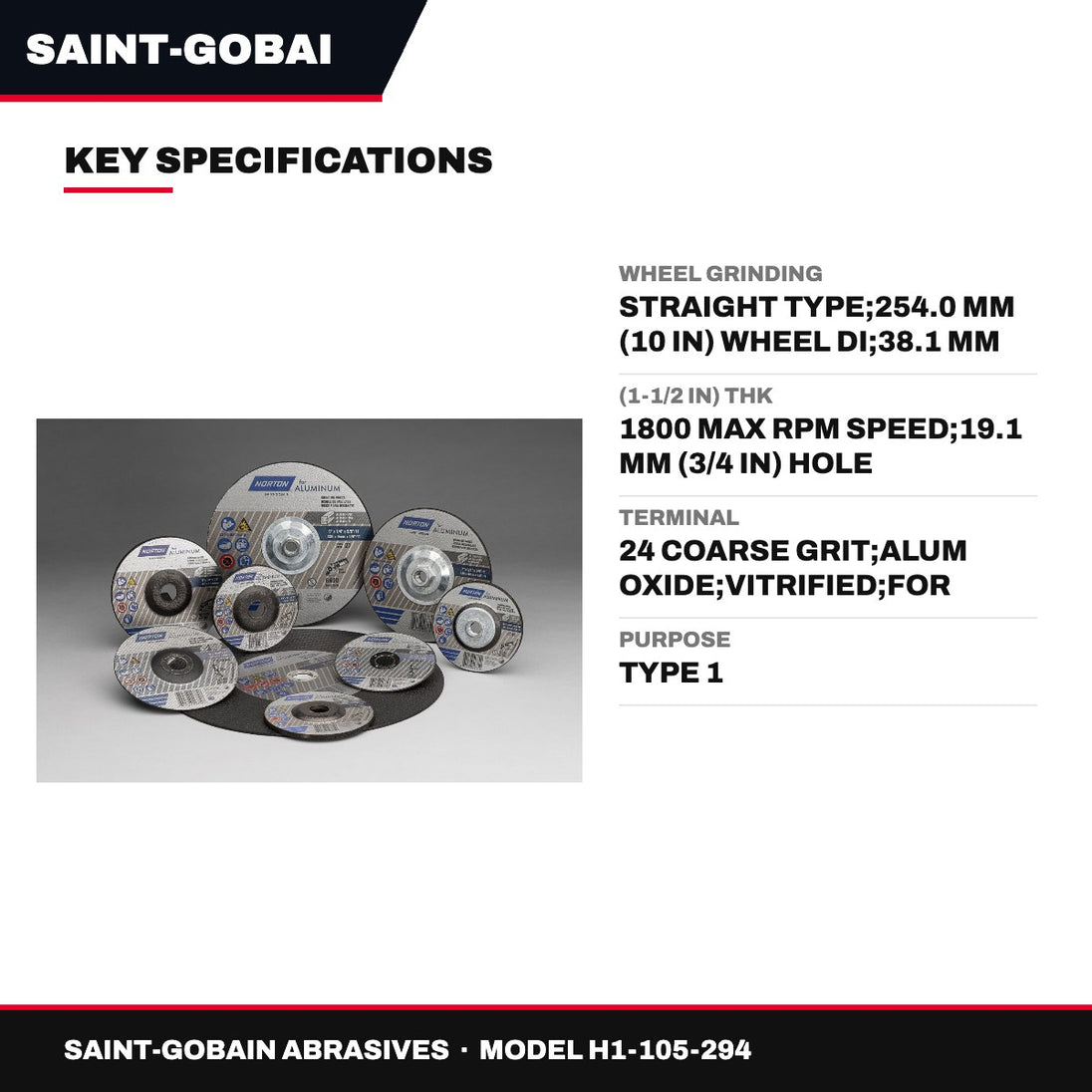 Saint-Gobain Abrasives H1-105-294 – Wheel Grinding – Straight Type, 254.0 Mm (10 In) Wheel Di