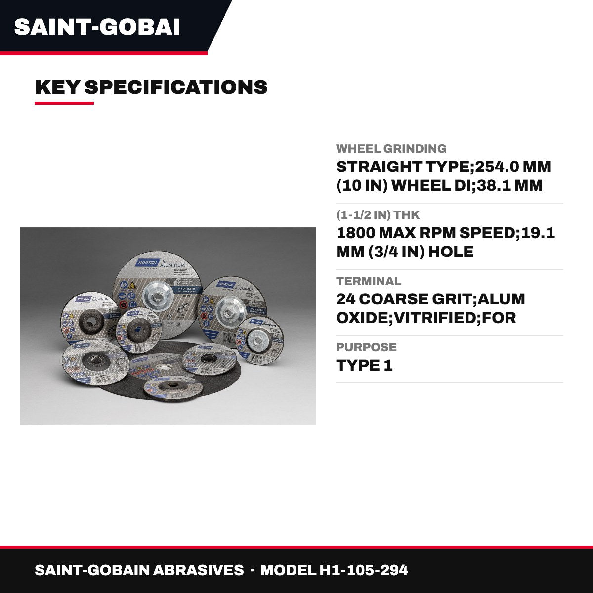 Saint-Gobain Abrasives H1-105-294 – Wheel Grinding – Straight Type, 254.0 Mm (10 In) Wheel Di