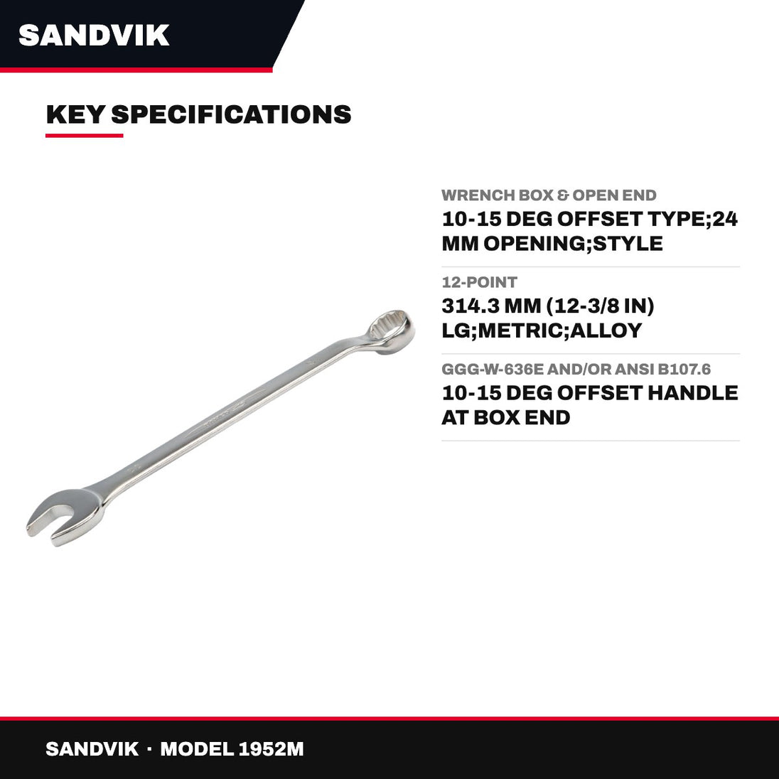 Sandvik 1952M – Wrench Box & Open End – 10-15 Deg Offset Type, 24 Mm Opening