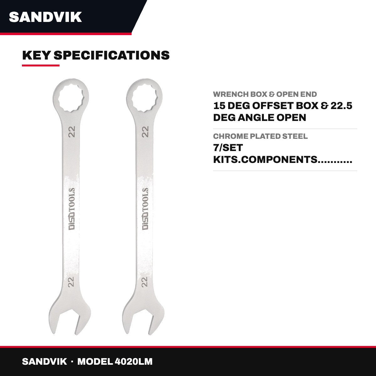 Sandvik 4020LM – Wrench Box & Open End – 15 Deg Offset Box & 22.5 Deg Angle Open