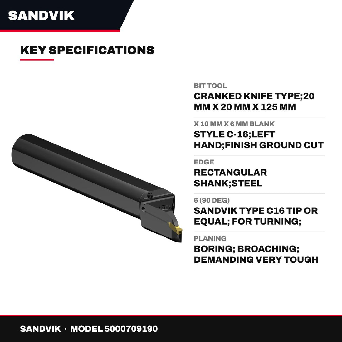 Sandvik – Cranked Knife Bit Tool, 20 mm X 20 mm X 125 mm Shank