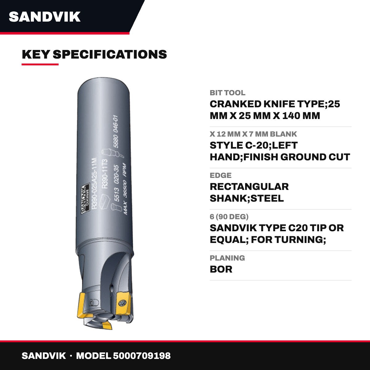 Sandvik – Cranked Knife Bit Tool, 25 mm X 25 mm X 140 mm Shank