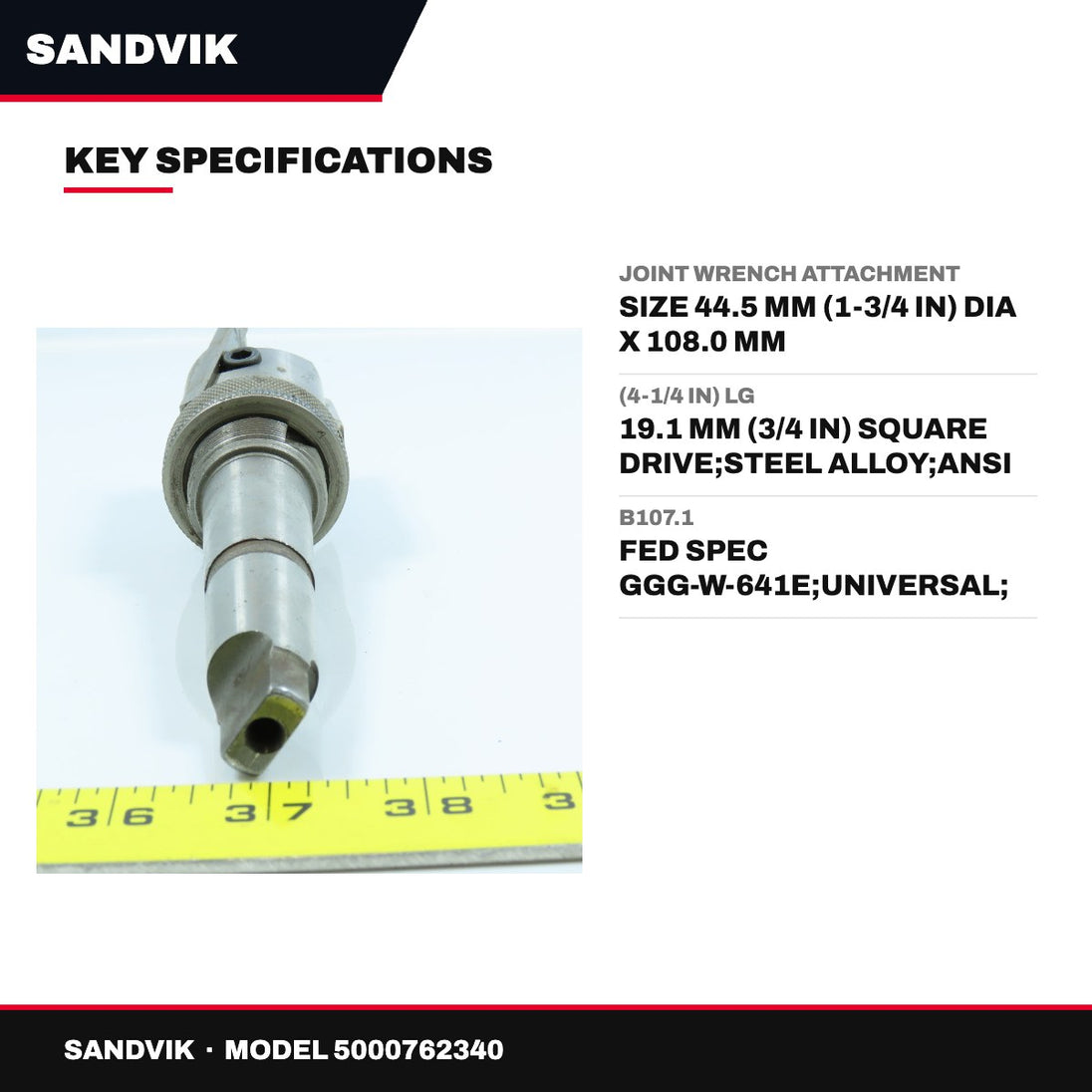 Sandvik – Joint Wrench Attachment, Size 44.5 mm (1-3/4 in) dia X 108.0 mm