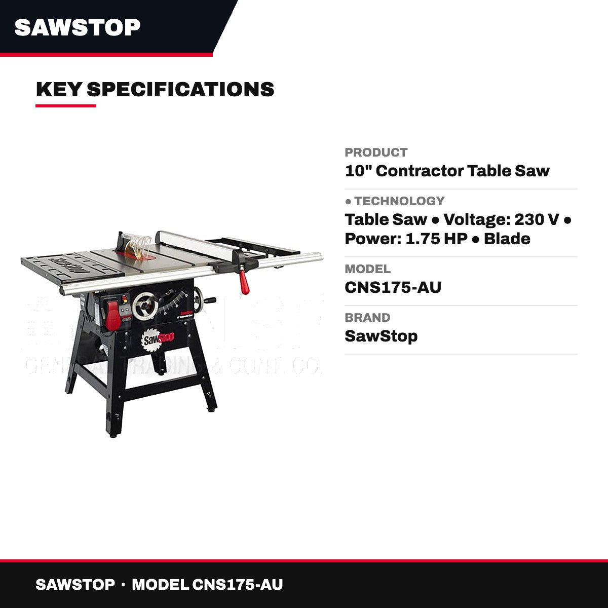 SawStop CNS175-AU – 10" Contractor Table Saw