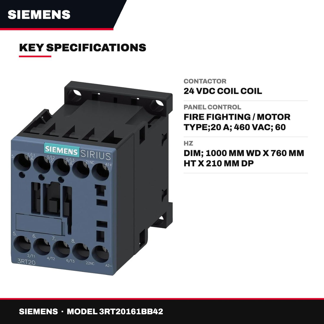 Siemens 3RT20161BB42 – Contactor – 24 Vdc Coil Coil