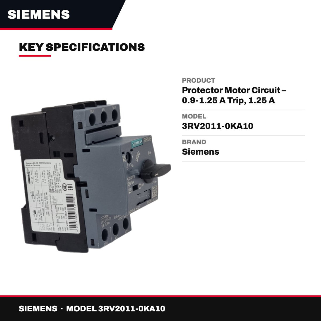 Siemens 3RV2011-0KA10 – Protector Motor Circuit – 0.9-1.25 A Trip, 1.25 A