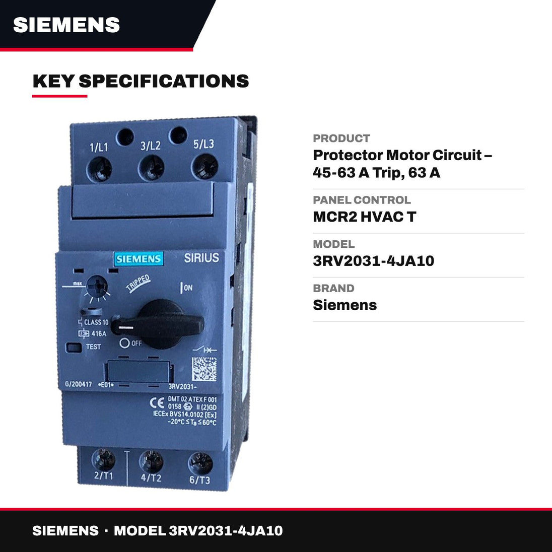 Siemens 3RV2031-4JA10 – Protector Motor Circuit – 45-63 A Trip, 63 A