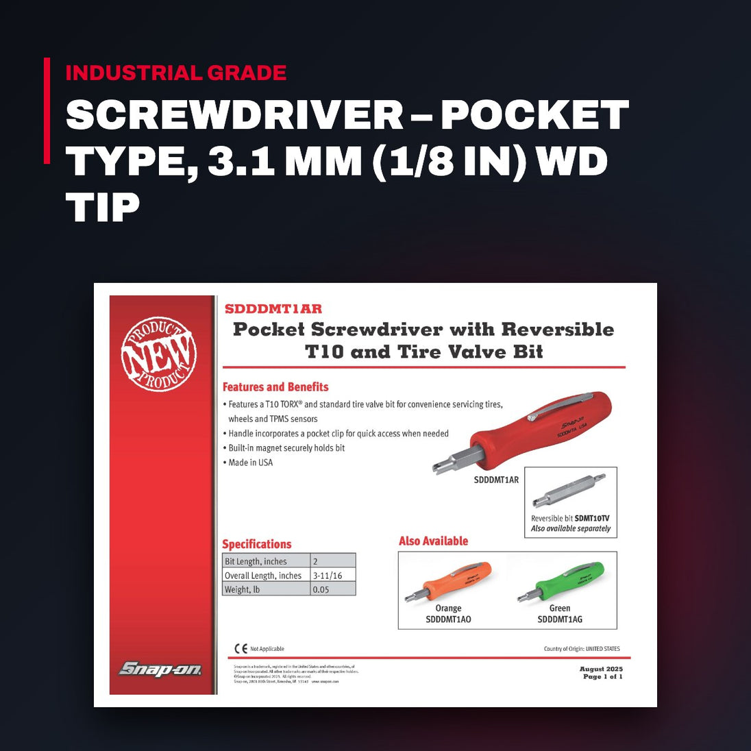 Snap-on SDD2040 – Screwdriver – Pocket Type, 3.1 Mm (1/8 In) Wd Tip