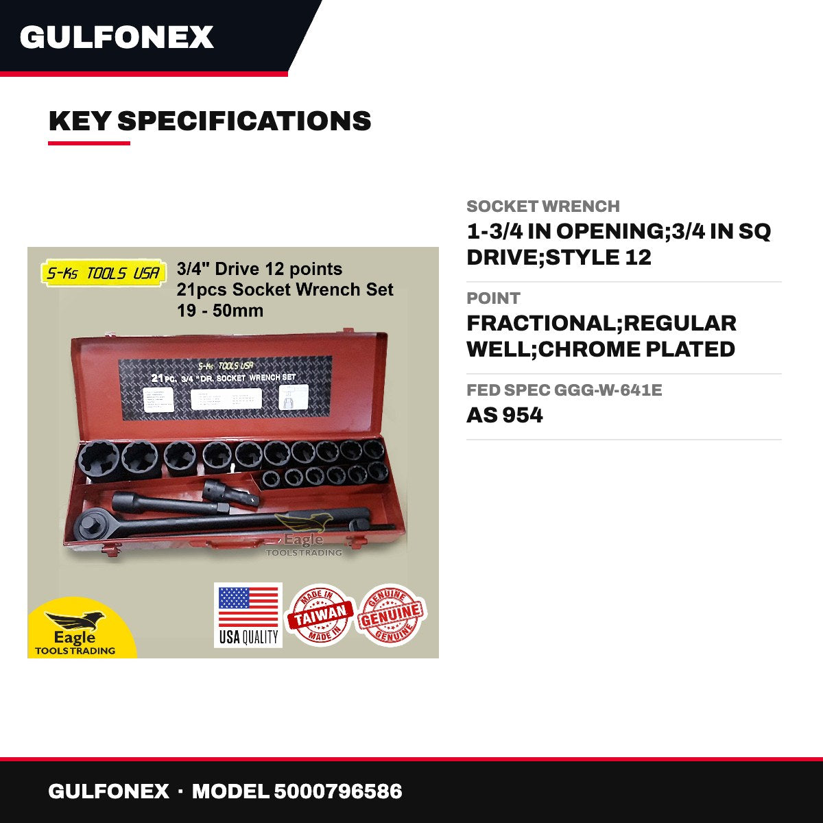 Socket Wrench – 1-3/4 In Opening, 3/4 In Sq Drive
