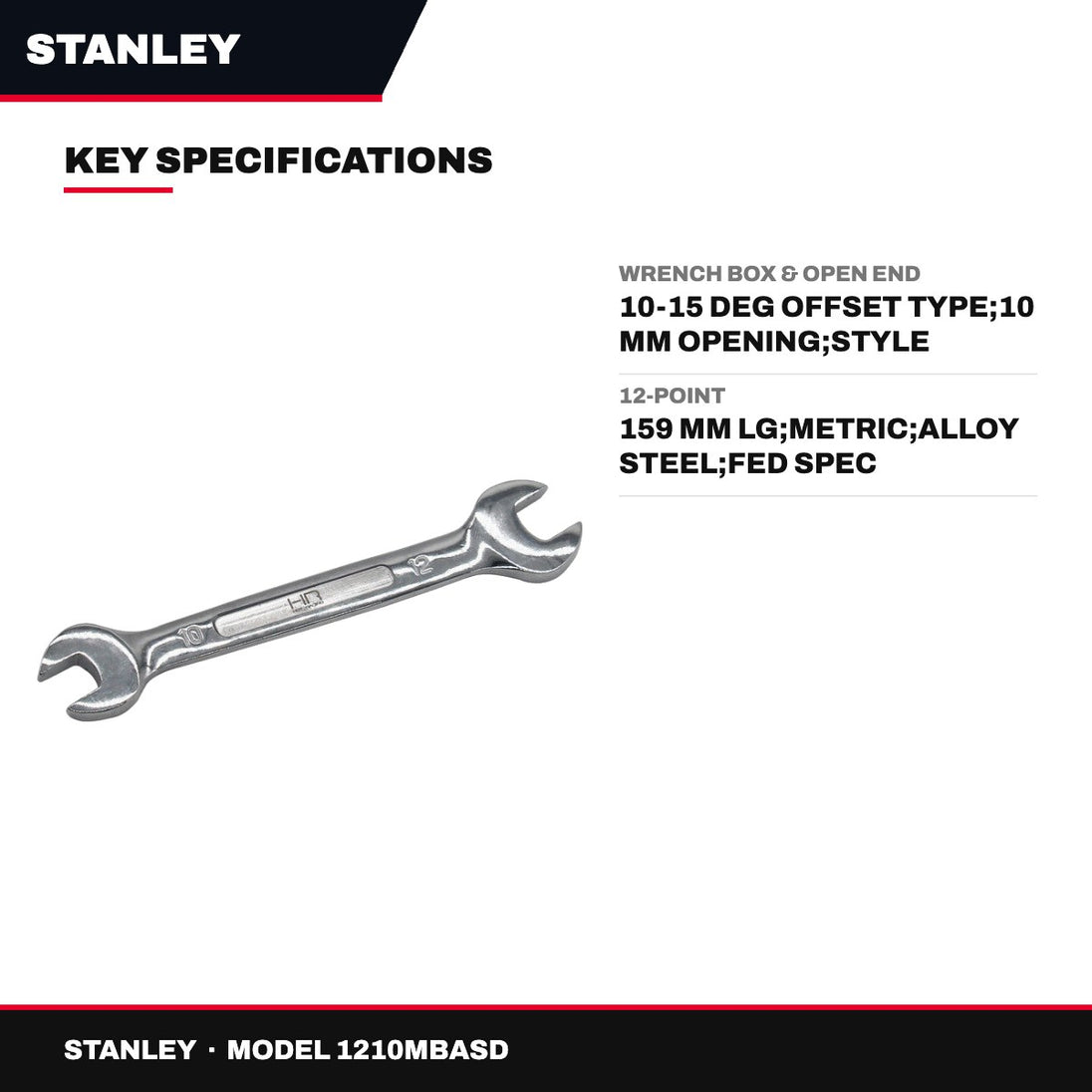 Stanley 1210MBASD – Wrench Box & Open End – 10-15 Deg Offset Type, 10 Mm Opening