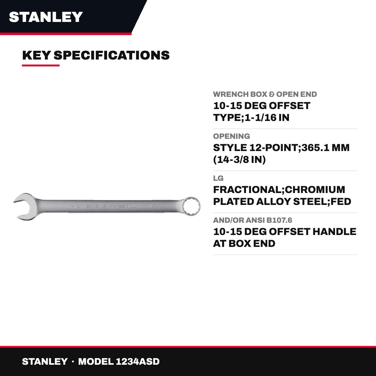 Stanley 1234ASD – Wrench Box & Open End – 10-15 Deg Offset Type, 1-1/16 In