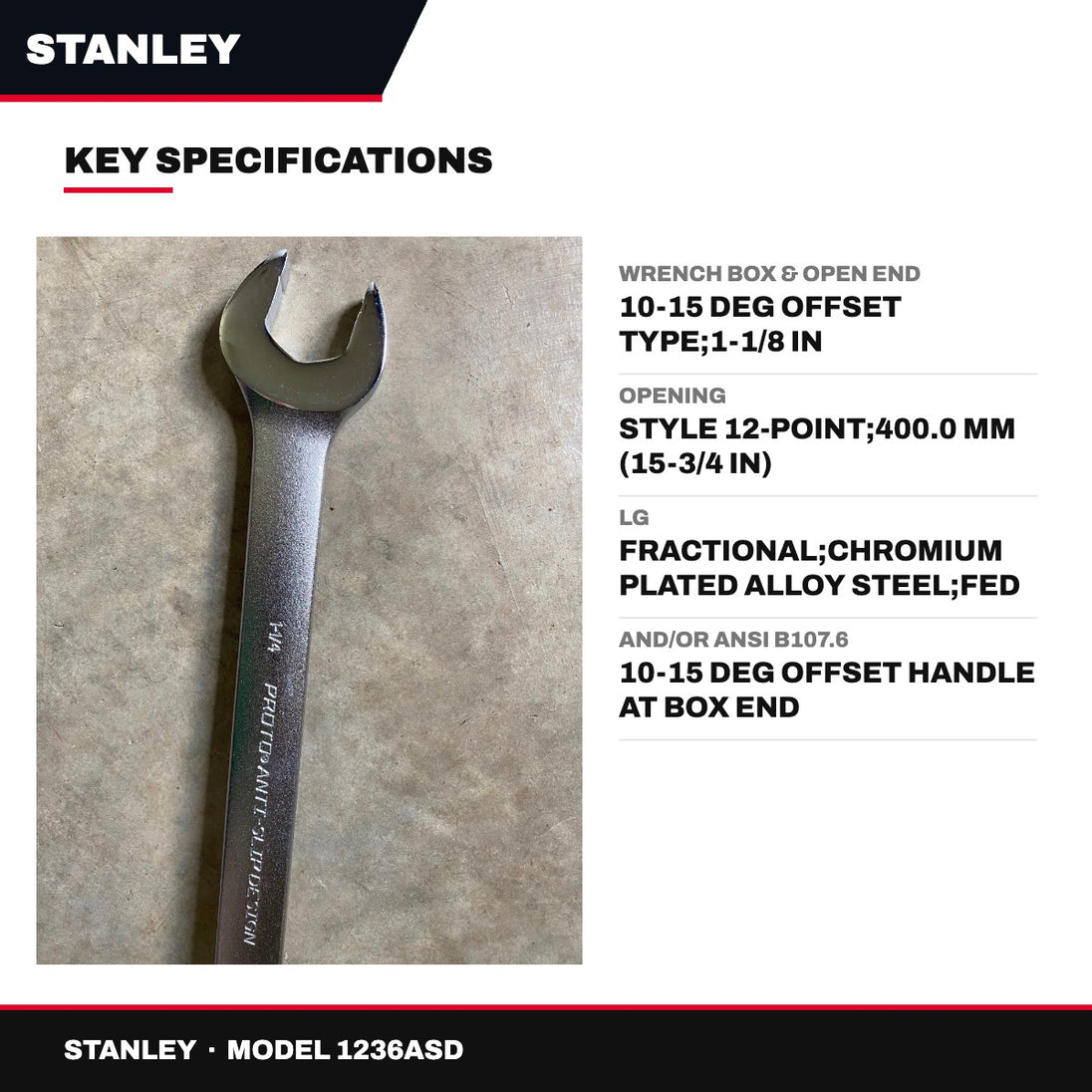Stanley 1236ASD – Wrench Box & Open End – 10-15 Deg Offset Type, 1-1/8 In