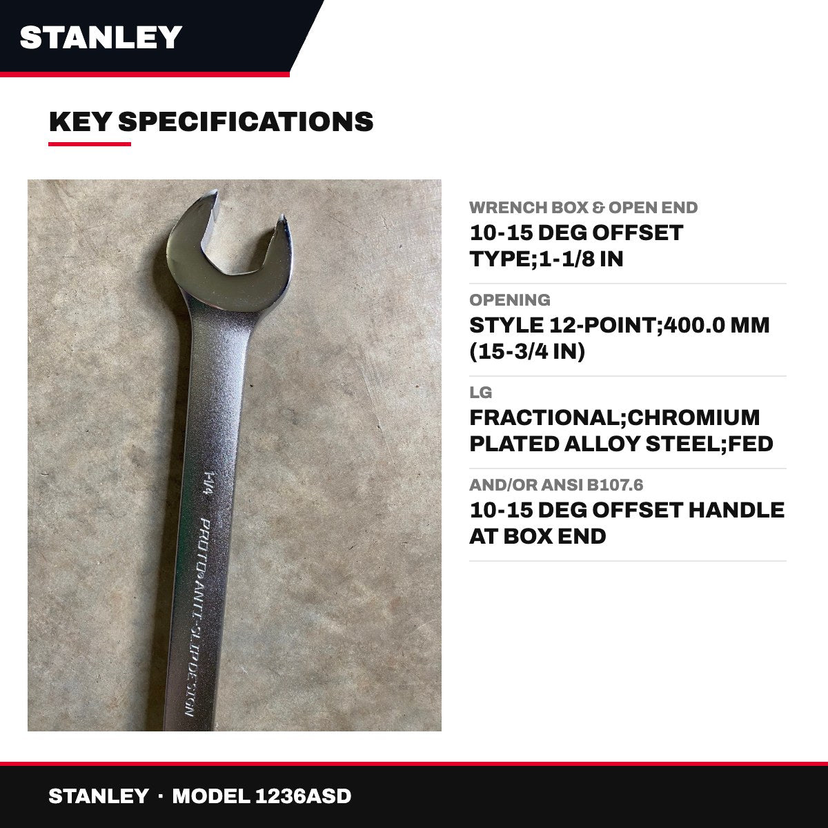 Stanley 1236ASD – Wrench Box & Open End – 10-15 Deg Offset Type, 1-1/8 In