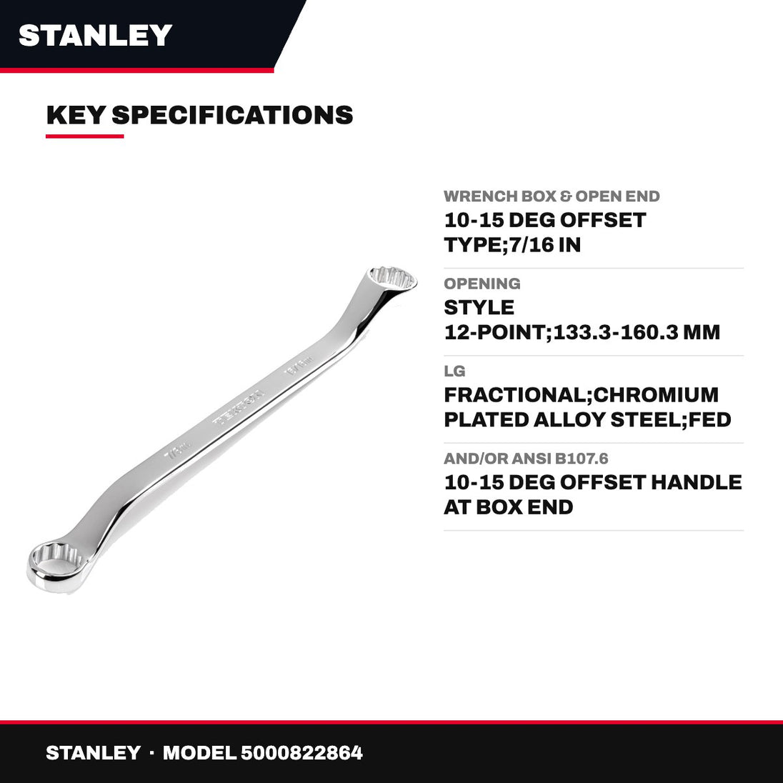 Stanley – Box & Open End Wrench, 10-15 Deg Offset, 7/16 in