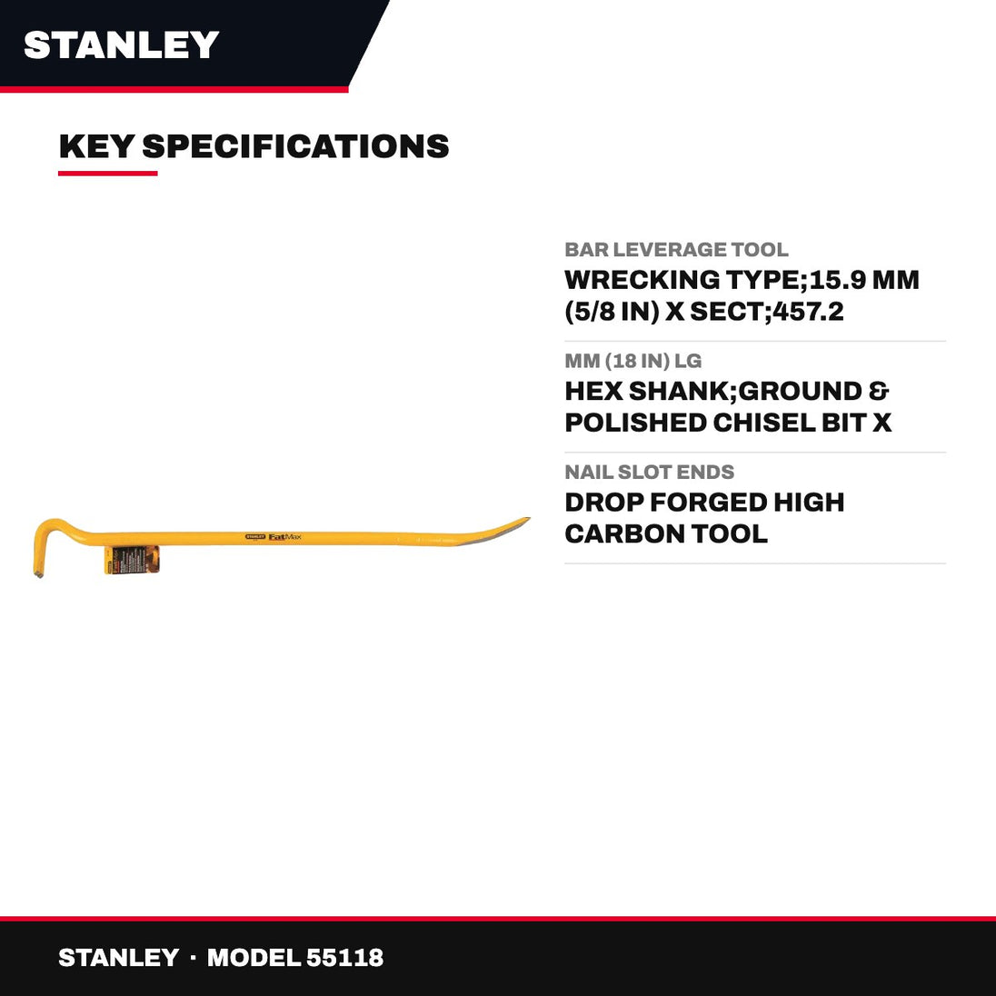 Stanley 55118 – Bar Leverage Tool – Wrecking Type, 15.9 Mm (5/8 In) X Sect