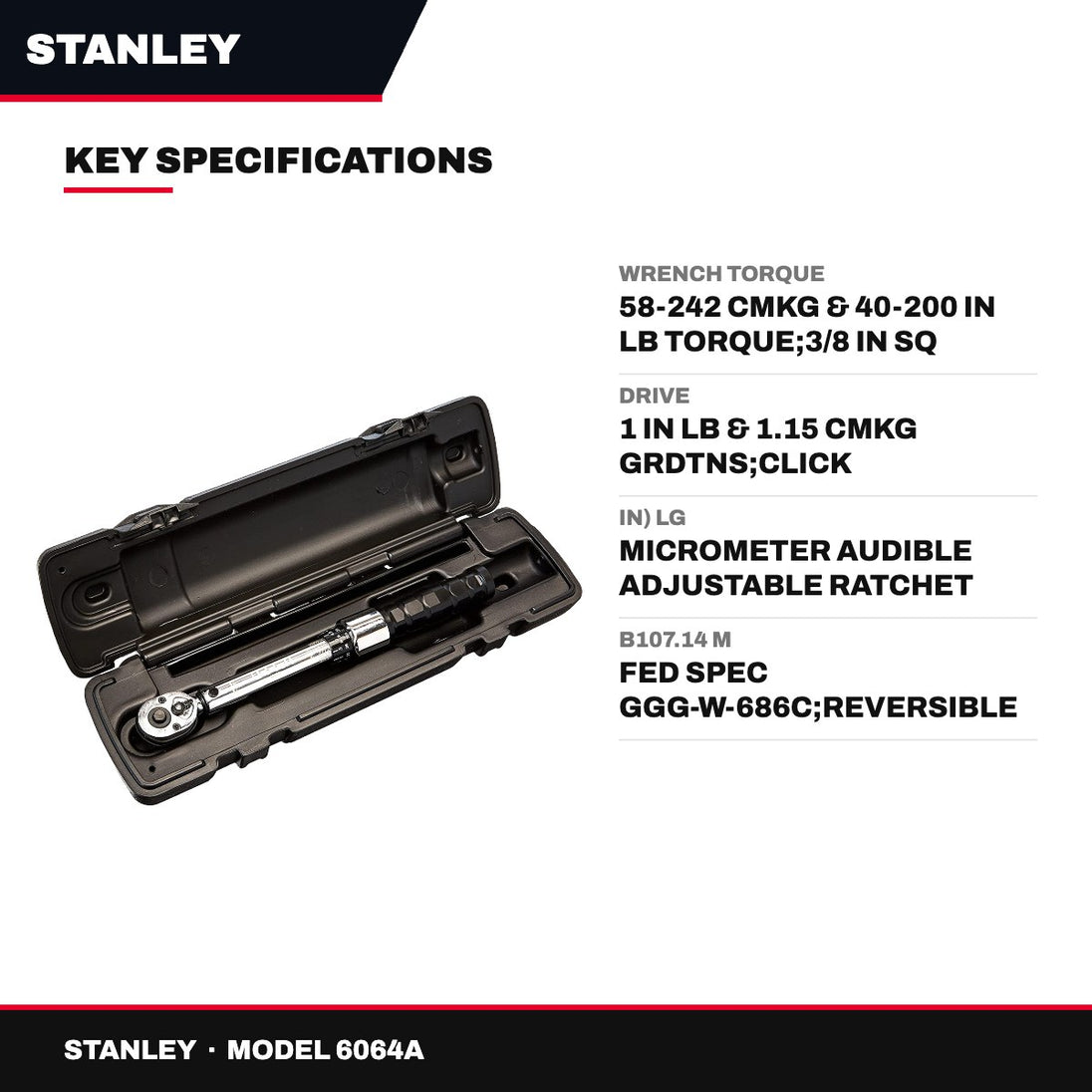 Stanley 6064A – Wrench Torque – 58-242 Cmkg & 40-200 In Lb Torque, 3/8 In Sq