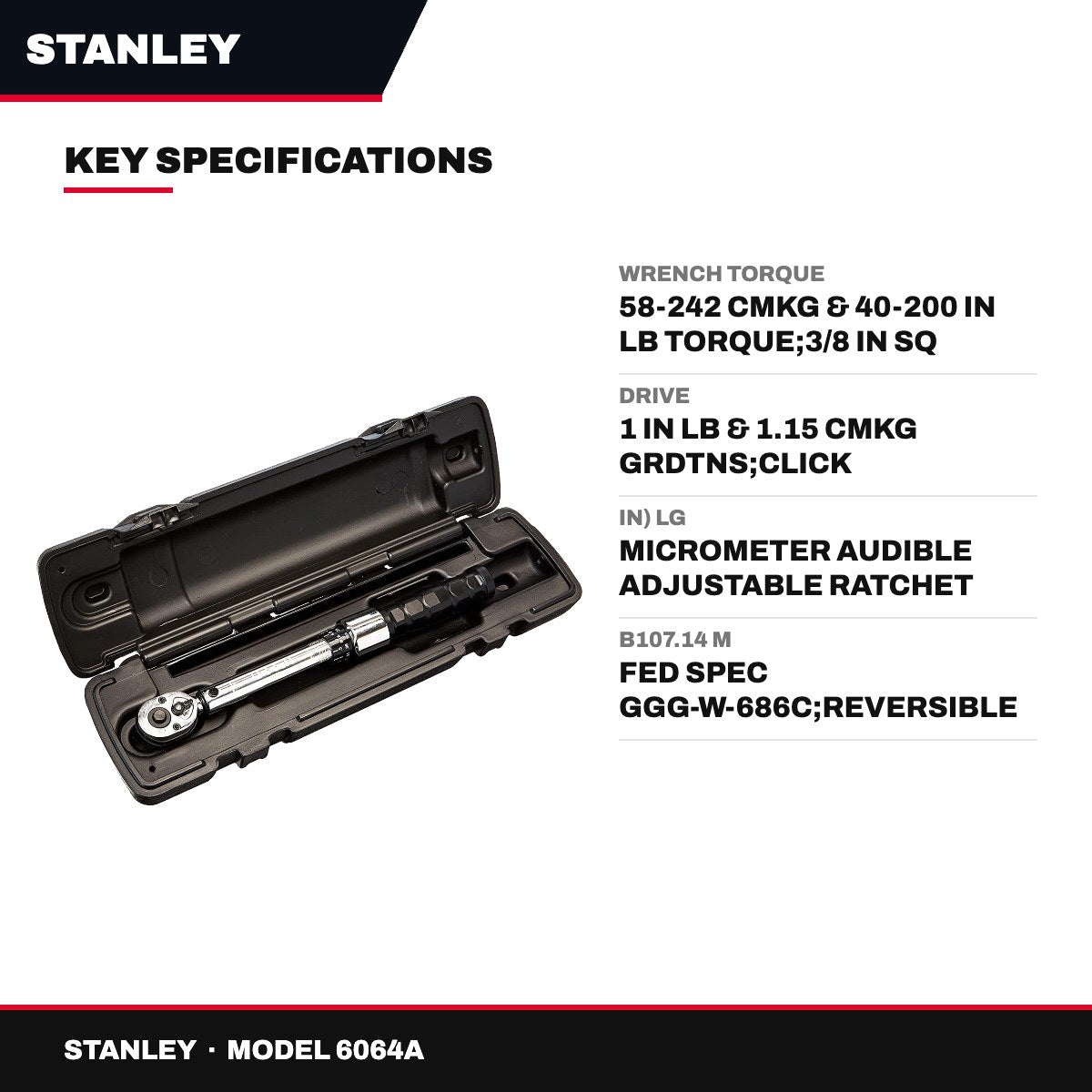 Stanley 6064A – Wrench Torque – 58-242 Cmkg & 40-200 In Lb Torque, 3/8 In Sq