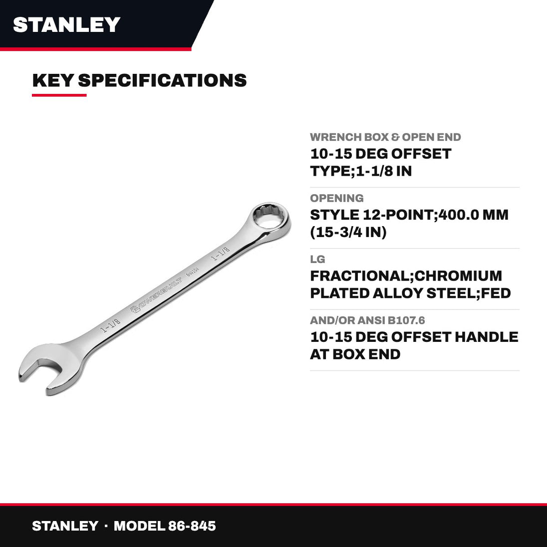 Stanley 86-845 – Wrench Box & Open End – 10-15 Deg Offset Type, 1-1/8 In