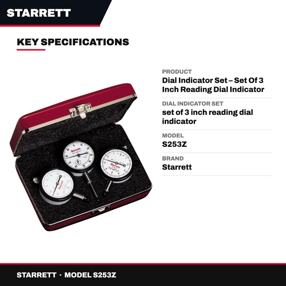 Starrett S253Z – Dial Indicator Set – Set Of 3 Inch Reading Dial Indicator