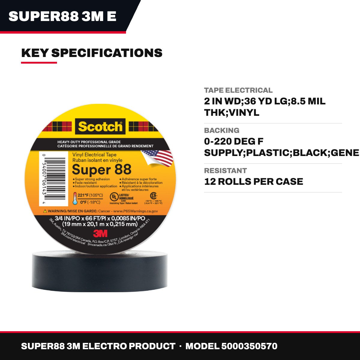 3M SUPER88 – Electrical Tape, 2 in wide, 36 Yd long