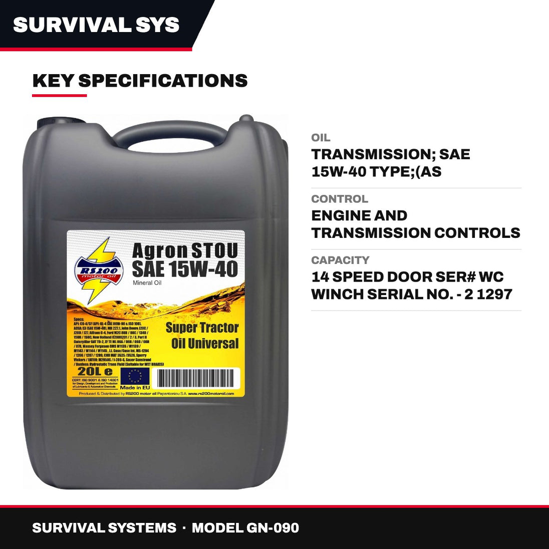 Survival Systems GN-090 – Oil – Transmission, Sae 15W-40 Type