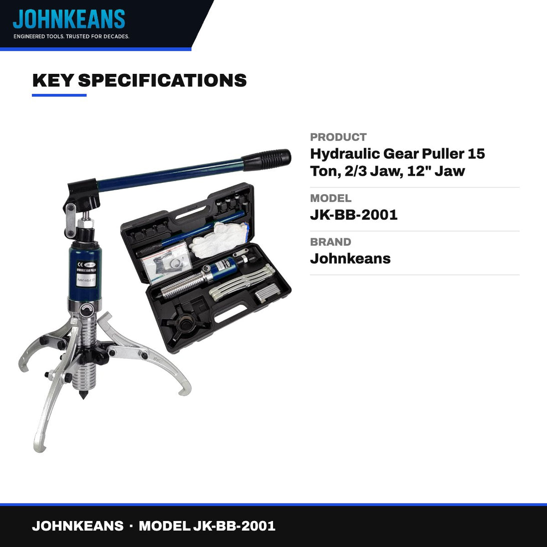 Johnkeans JK-BB-2001 – Hydraulic Gear Puller 15 Ton, 2/3 Jaw, 12" Jaw